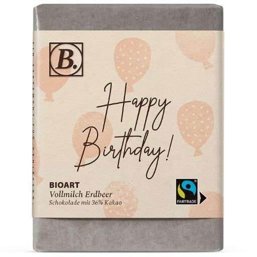 BioArt Fairtrade Schokolade "Happy Birthday" (Vollmilch Erdbeer) 70g